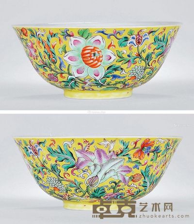 清道光 御窑黄地洋彩花卉纹宫盌 直径14.8cm
