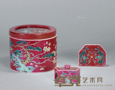 清同治 胭脂红地粉彩“岁寒三友”图蛐蛐罐 (一套) 高11cm