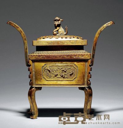 清乾隆 铜鎏金狮钮官翅耳熏炉 高16.5cm