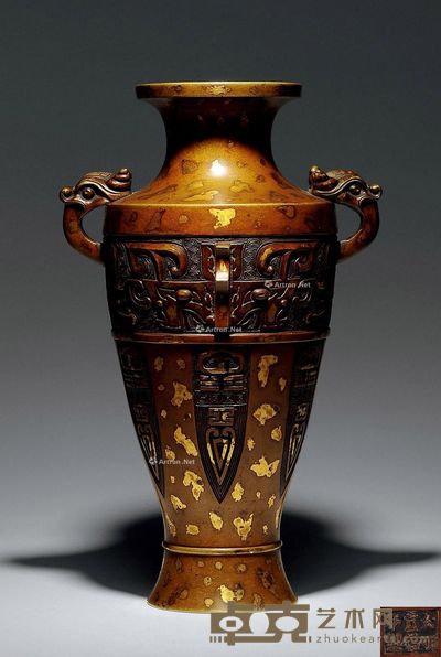 清初 铜点金仿古双龙耳瓶 高27.5cm