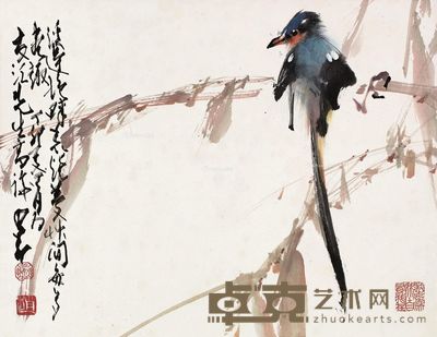 赵少昂 蓝鸟与竹 29×38cm