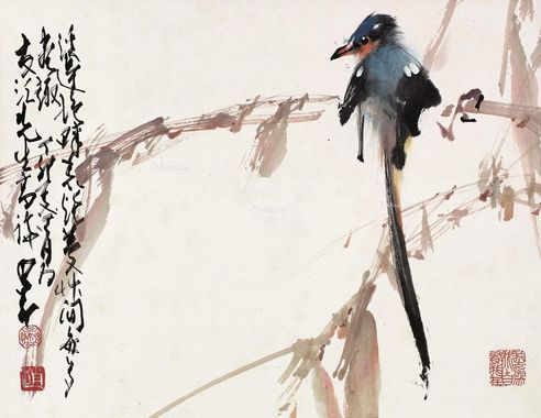 赵少昂 蓝鸟与竹