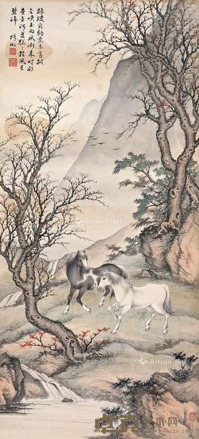 殷梓湘 秋林双骏 79×36cm