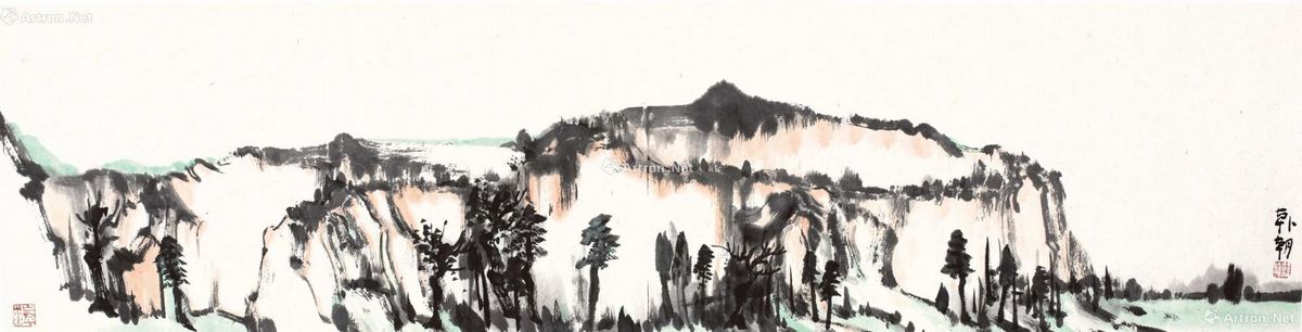 韩朝 山水 托片 纸本设色 35×138cm 约4.3平尺