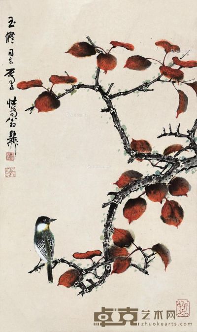 谢稚柳 红叶翠鸟 69.5×41cm