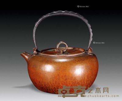日本大正 真锅静良铁柄铜壶 长16.8cm；高9.5cm