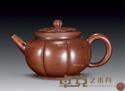 清 紫砂筋囊如意圆壶 长16cm；高9cm