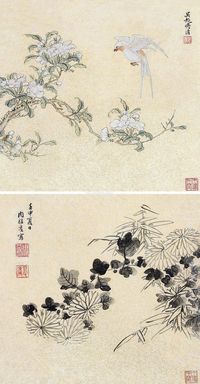 傅清 周裕度 桃花春燕 竹菊图