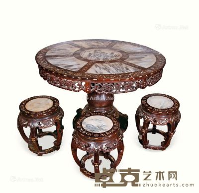 清 红木嵌螺钿大理石圆桌 （一套） 高80cm
