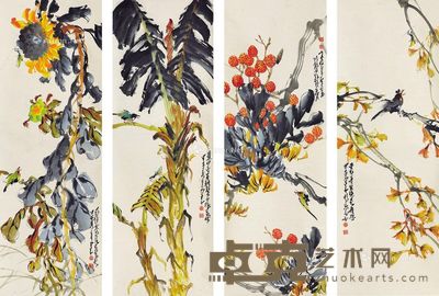 赵少昂 花鸟 133×46cm×4