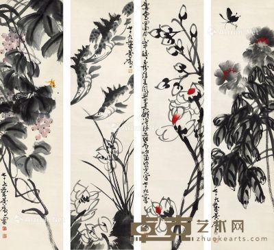 许麟庐 花卉 136×34cm×4