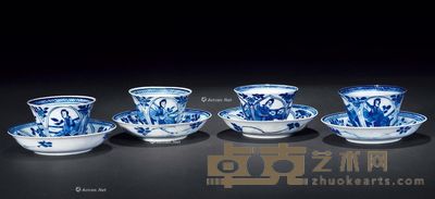 清康熙 青花仕女杯碟 (四套) 直径8cm