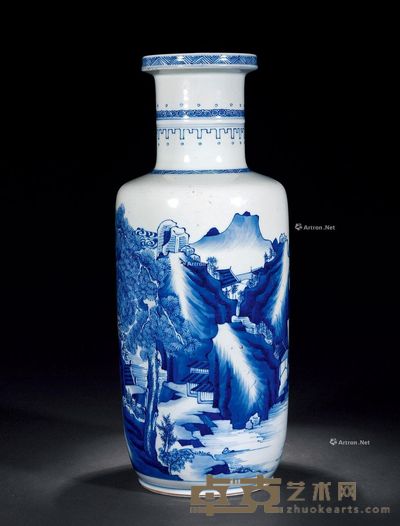 清 青花山水人物棒槌瓶 高45cm