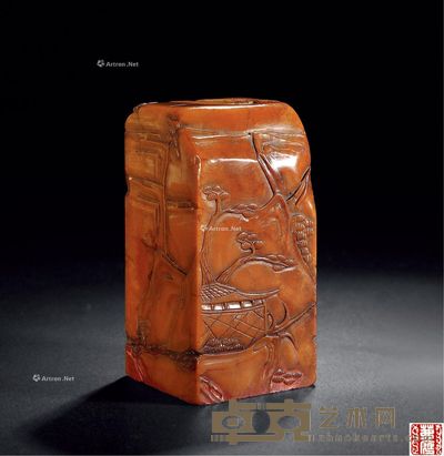 民国 甘黄薄意雕山水图印章 高8.7cm