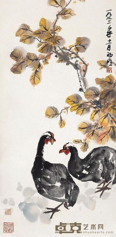 来楚生 珠鸡图 74.5×36.5cm