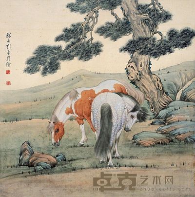 刘奎龄 双马图 41.5×40.5cm