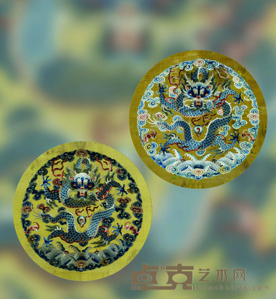 清 龙纹绣片一对 D.49cm×2