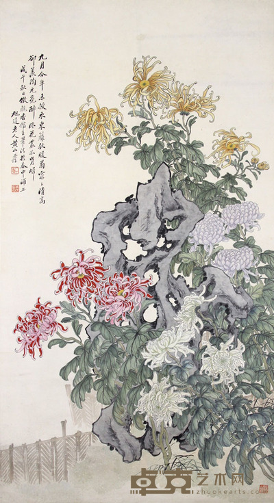 黄山寿 菊石图 151×82cm