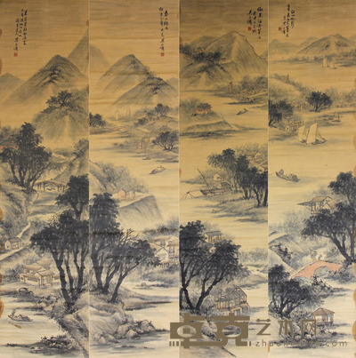 吴石仙 山水四屏 135×34cm×4