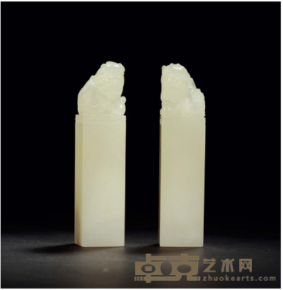 寿山荔枝冻石子母兽钮对章 2.7×2.7×11.4cm×2