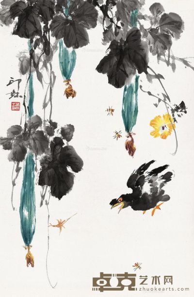 萧朗 丝瓜八哥图 70×47cm