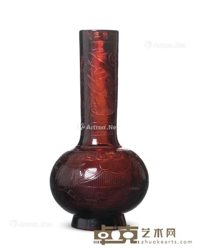 清 红料器龙纹直颈瓶 高24cm