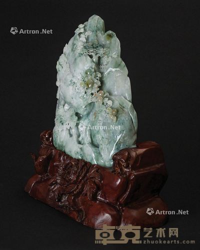 大翡翠雕傲游深山美景图连本座摆件 --