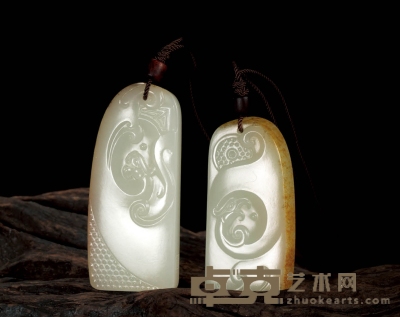 蒋喜 龙翔凤翥 白玉对牌 67×30×9mm 59×28×8mm 重量：43.4g 34.8g