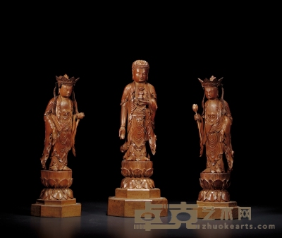 清·檀香木雕西方三圣佛立像一组 1.带座高：32.5cm<br>2.带座高：28cm<br>3.带座高：28