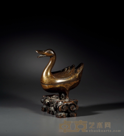 清·铜鎏金鸭熏 带座高：18cm