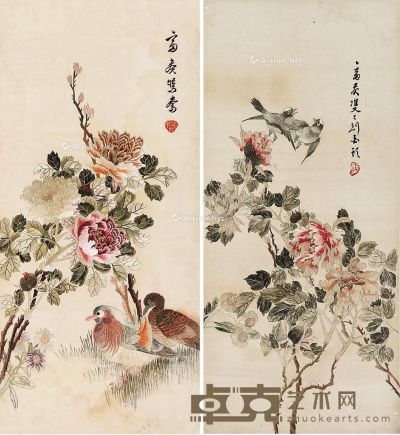 苏绣花鸟富贵图 （二件） 77×35.5cm×2