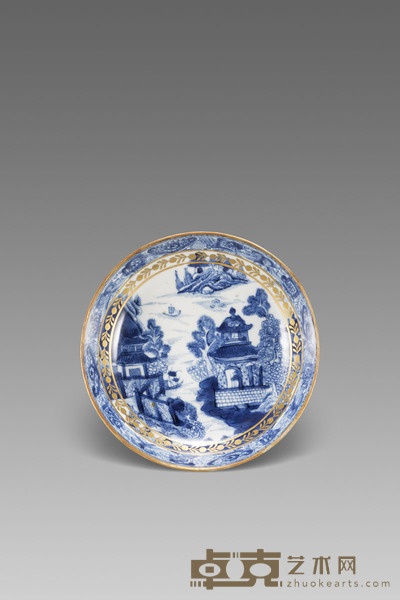 清乾隆 青花描金山水人物小盘 H:3.3cm;D:3.5cm