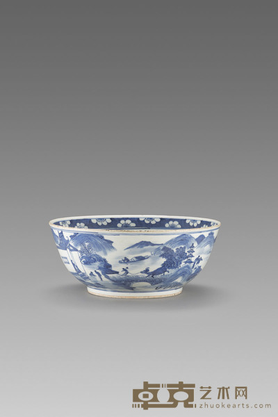 清 青花渔樵耕读纹大碗 D:30cm