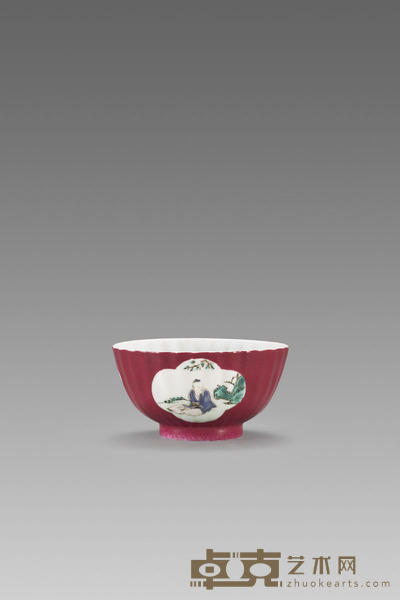 清 胭脂红地开光人物纹葵口碗 H:5.7cm;D:11cm