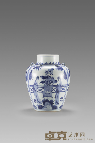 清 青花开光庭院仕女花卉六系罐 H:30cm