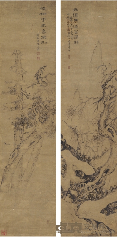 潘恭寿 双鹿图·云松图 109×26cm×2
