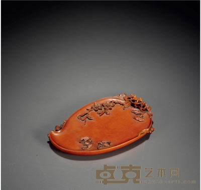 清·黄杨木浮雕福寿灵芝纹香盘 最长直径：21.7cm