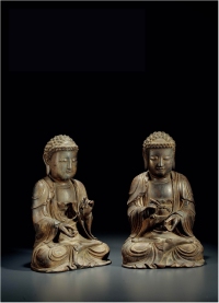 明·木雕漆金释迦摩尼、多宝佛坐像一组两件