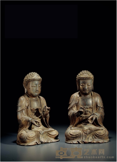 明·木雕漆金释迦摩尼、多宝佛坐像一组两件 高：33cm 高：33.5cm