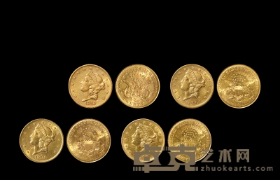 1876、1879、1894、1900年美国摩根20美元金币一组四枚 直径：34mm 数量：4
