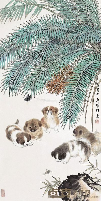 方楚雄 花荫群狗 69.5×137cm