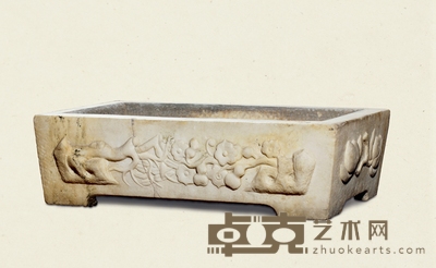 清·汉白玉三面工刻花卉纹石盆 54×30×16cm