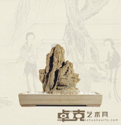 清·汉白玉起线长方形石盆带赏石 68.5×31.5×54cm