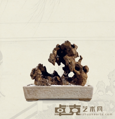清·汉白玉四面花卉纹石盆连立峰 56×37×50cm