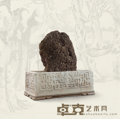 明·白石刻四面螭龙纹石盆 128×66×48cm