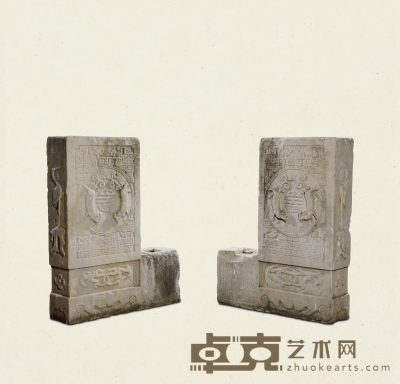 明·白石刻双狮螭龙纹门枕石一对 71×18×90cm
