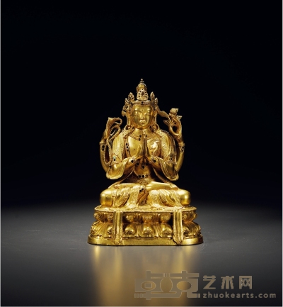 清康熙·铜鎏金四臂观音坐像 高：16.8cm