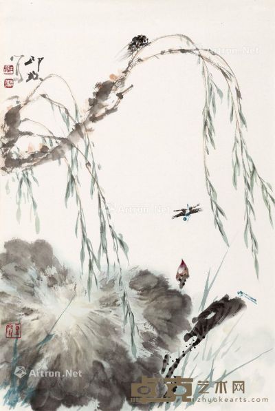 萧朗 柳荷草虫图 67×45cm