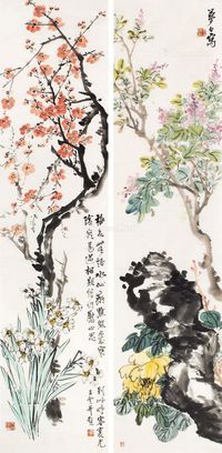 王梦白 花卉对屏