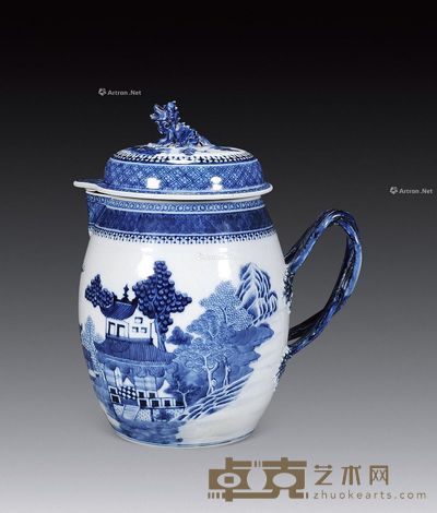 清中期 青花山水狮钮盖壶 高27cm